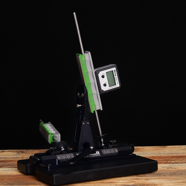 Razor Sharp AZ 60 Series low angle and small knife sharpening kit with digital angle gauge on a wooden surface