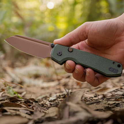 Raccoon 2.0 A2907 Top Liner Lock knife with 3.25" 14C28N drop-point blade, Copper Dune finish, green Micarta handle