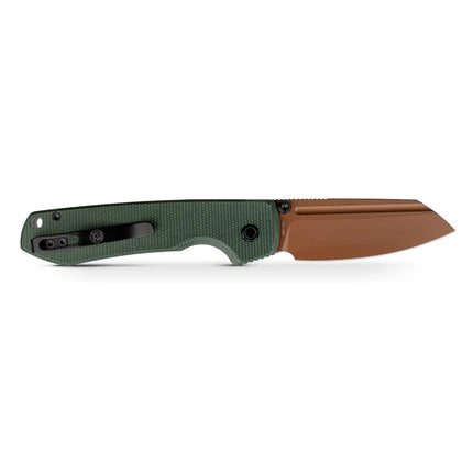 Raccoon 2.0 Top Liner Lock folding knife with 3.25-inch 14C28N copper-dune drop-point blade and green Micarta handle