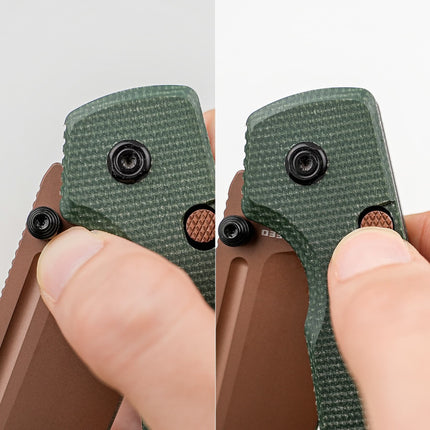 Raccoon 2.0 Top Liner Lock knife with green micarta handle; close-up of pivot and liner lock screws.
