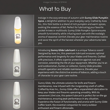 Razor Sharp AZ Gunny Glide graphene lubricant bottles in various scents for knife and firearm maintenance