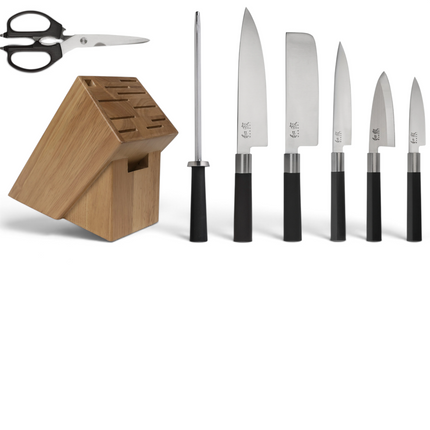 Razor Sharp AZ KAI Wasabi 8-piece kitchen knife set featuring stainless steel blades, black handles, and wood block.
