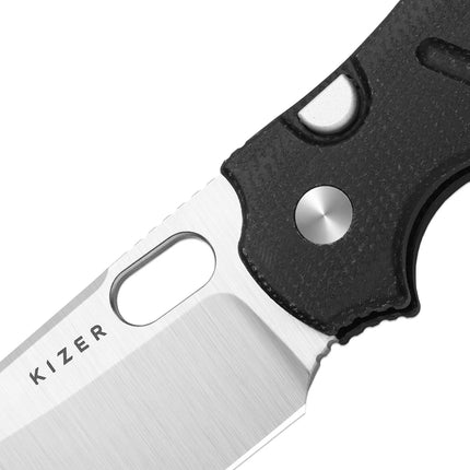 Kizer Nitro-V sheepsfoot blade, satin finish, black Micarta handle, thumb hole opener, designed by Sheepdog Knives