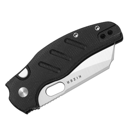 Kizer folding knife with Nitro-V sheepsfoot blade, black Micarta handle, thumb-hole opener, designed by Sheepdog Knives.