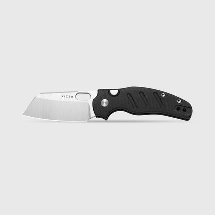 Kizer folding knife with Nitro-V sheepsfoot blade, satin finish, black Micarta handle, 7.06 in overall length.
