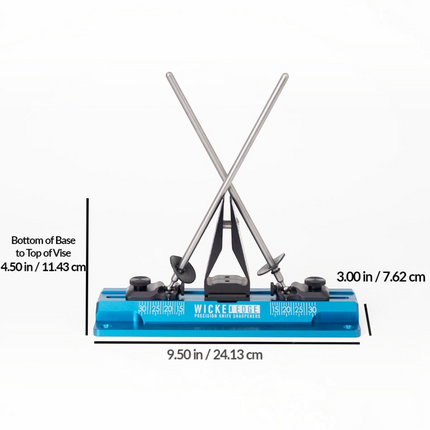 Razor Sharp AZ Wicked Edge GO WE60 blue anodized aluminum knife sharpener with stainless steel guide rods and dimensions