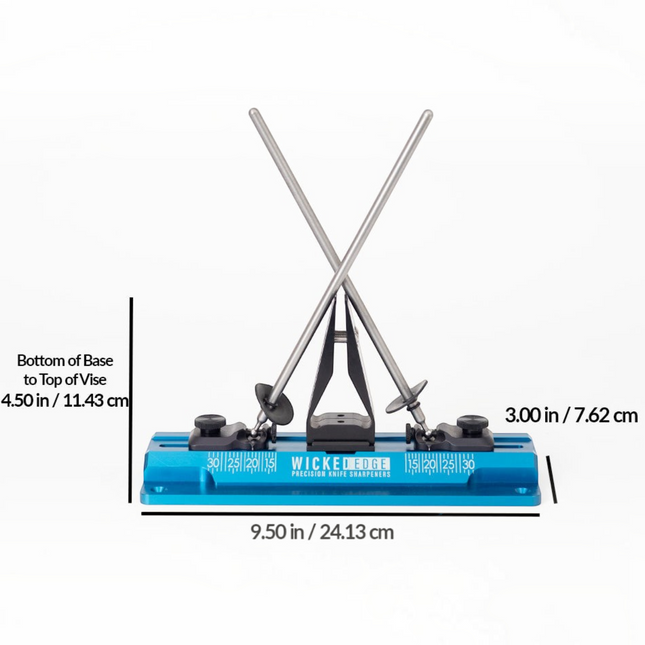 Razor Sharp AZ Wicked Edge GO WE60 blue anodized aluminum knife sharpener with stainless steel guide rods and dimensions