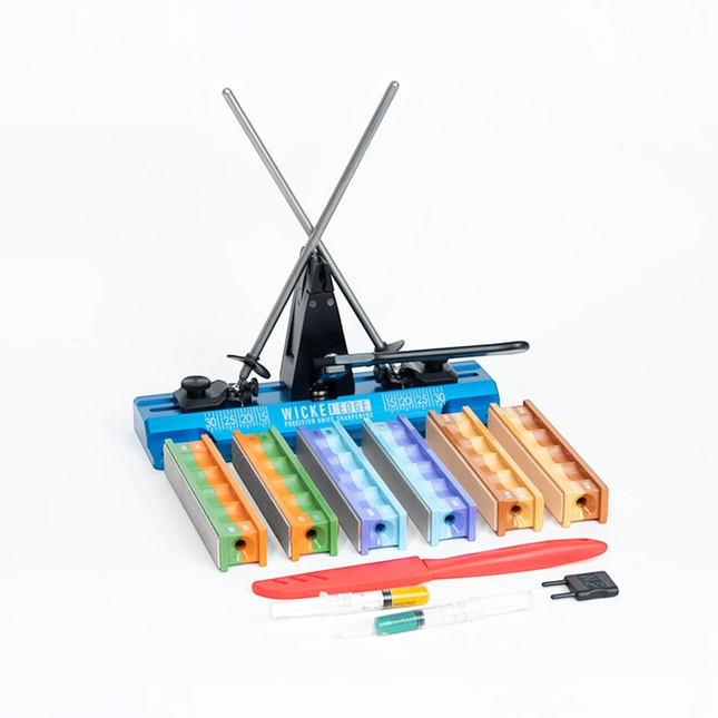 Razor Sharp AZ WE64 Cobalt Pro Pack I knife sharpening system with diamond stones, strops, and practice knife.
