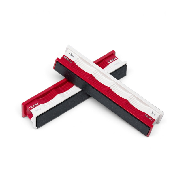 Razor Sharp AZ Blank Convex Edge Handles with red coarse and white fine sides for sharpening knife blades.