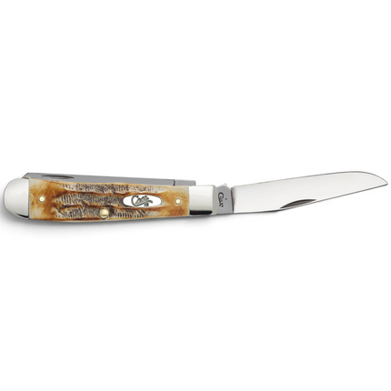 Razor Sharp AZ Case 6.5 BoneStag Trapper knife with a jigged amber bone handle and mirror-polished stainless steel blade
