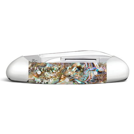 Razor Sharp AZ Case Smooth Abalone Baby Butterbean folding knife with iridescent shell handle and polished bolsters