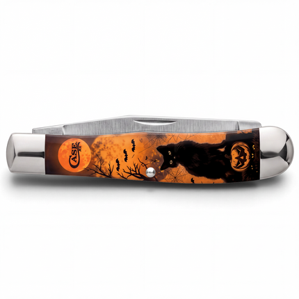 Razor Sharp AZ Case Halloween Trapper knife with black cat, jack-o-lantern, and moon graphic on synthetic handle.
