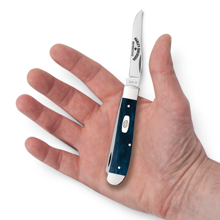 Razor Sharp AZ Case Harley-Davidson Mini Trapper knife with smooth Mediterranean blue bone handle in a hand.