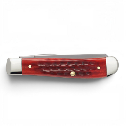 Razor Sharp AZ Case Pocket Worn Mini Trapper knife with a red corn cob jigged bone handle and polished steel bolster