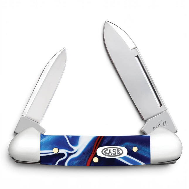 Razor Sharp AZ Case Baby Butterbean folding knife with red, white, and blue patriotic Kirinite handle and two blades.