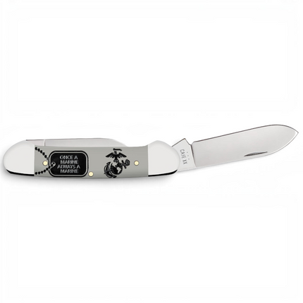 Razor Sharp AZ Case USMC folding knife with smooth gray synthetic handle, polished steel blade, and Marine emblem.