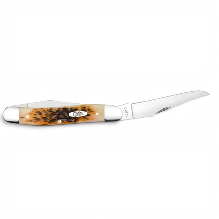 Razor Sharp AZ Case Muskrat pocket knife with amber bone handle, peach seed jigging, and mirror-polished steel blades.