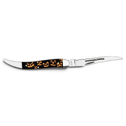 Razor Sharp AZ Case Halloween Texas Toothpick knife with black synthetic handle and orange jack-o-lantern print