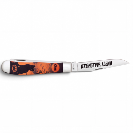 Razor Sharp AZ Case Halloween Color Infusion Trapper knife with black cat and jack-o-lantern handle and blade text