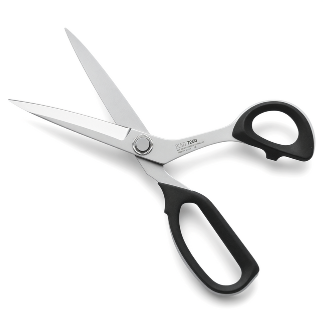 Razor Sharp AZ Kai 7250 10-inch professional sewing shears with high-carbon stainless steel blades and black handles.