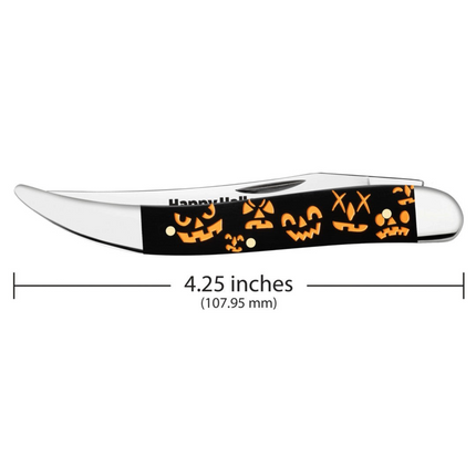 Razor Sharp AZ Case Halloween Medium Texas Toothpick knife with a black handle featuring orange jack-o-lantern faces.