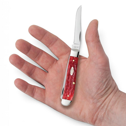 Razor Sharp AZ Case Peach Seed jigged dark red bone mini trapper knife with mirror-polished carbon steel blade