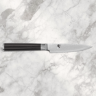 Razor Sharp AZ Shun Classic 4-inch paring knife with a Damascus steel blade and black ebony Pakkawood handle.