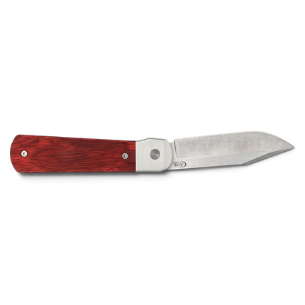 Razor Sharp AZ Case Longhouse folding knife with a red Dymalux rosewood handle and stonewash satin CPM20CV clip blade