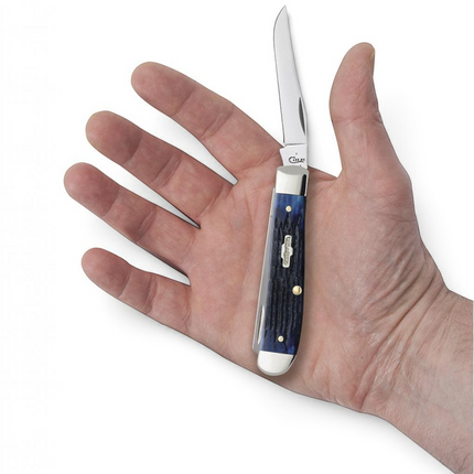 Razor Sharp AZ Case Mini Trapper knife with blue bone handle and polished stainless steel blade held in a hand