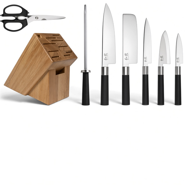 Razor Sharp AZ KAI Wasabi 8-piece knife block set featuring stainless steel blades and black bamboo-blend handles.