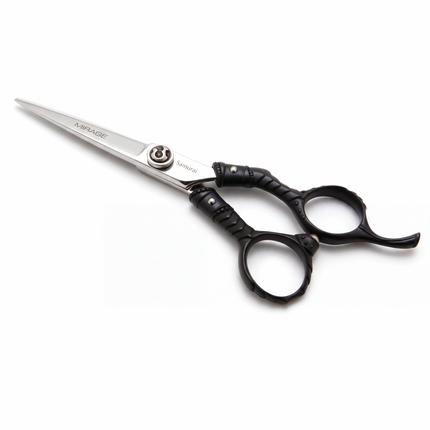 Razor Sharp AZ Mirage Samurai 5.5-inch hair cutting shears with black armored handles and V-10 cobalt steel blades.