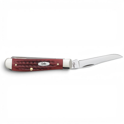 Razor Sharp AZ Case Pocket Worn Mini Trapper knife with a red bone corn cob jigged handle and polished steel blade