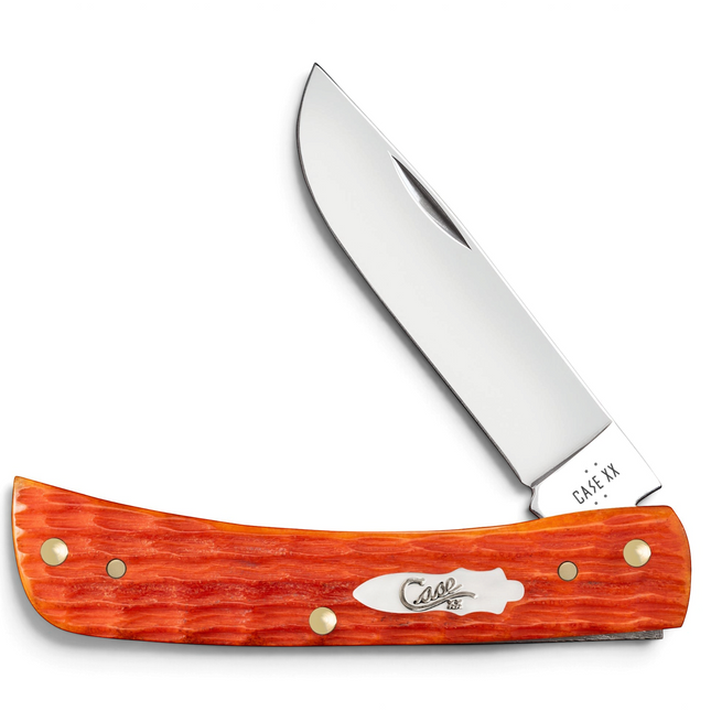 Razor Sharp AZ Case Crandall Jigged Tequila Sunrise Bone Sod Buster Jr pocket knife with mirror-polished skinner blade