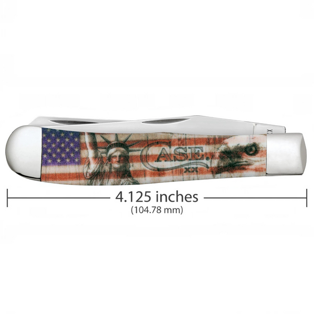 Razor Sharp AZ Case Patriotic Trapper pocket knife featuring Statue of Liberty, American flag, and eagle graphic