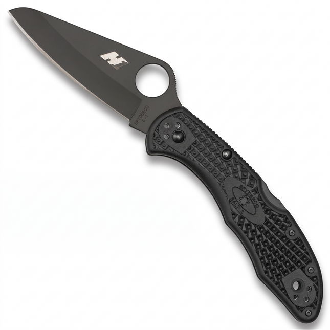 Razor Sharp AZ Spyderco Salt 2 folding knife with a black H-2 steel blade and textured black FRN handle.
