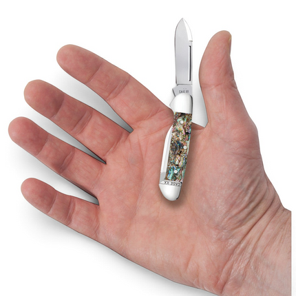 Razor Sharp AZ Case Smooth Abalone Baby Butterbean folding knife with mirror-polished blades held in a palm