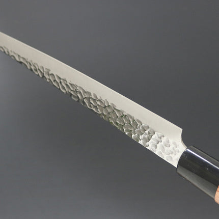 KC-959 Sujihiki carbon 240mm knife with hammered blade and wooden handle by Kanetsune