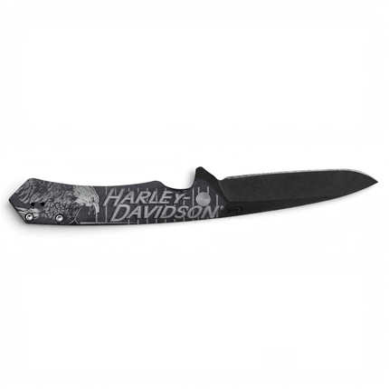 Razor Sharp AZ Case Harley Davidson Kinzua folding knife with black anodized aluminum handle and DLC coated spear blade