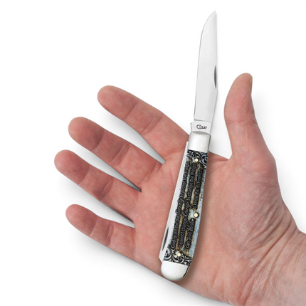 Razor Sharp AZ Case Serenity Prayer Trapper knife with smooth natural bone handle and mirror-polished steel blades