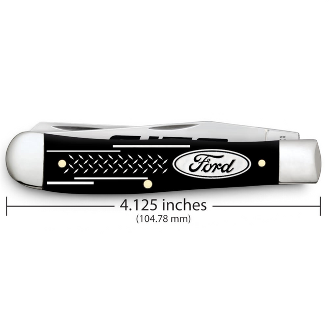 Razor Sharp AZ Case Ford Trapper pocket knife with smooth black synthetic handle and embellished stainless steel blades