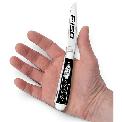 Razor Sharp AZ Case Ford F-150 embellished smooth black synthetic trapper pocket knife held in a palm