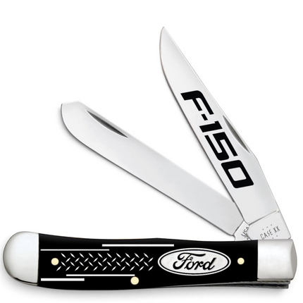 Razor Sharp AZ Case Ford F-150 Trapper pocket knife with smooth black synthetic handle and polished stainless blades