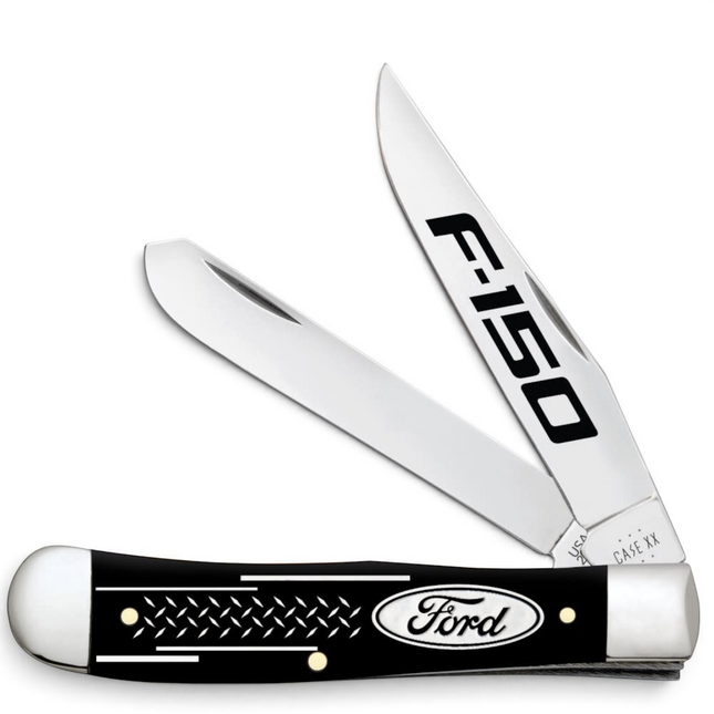 Razor Sharp AZ Case Ford F-150 Trapper pocket knife with smooth black synthetic handle and polished stainless blades