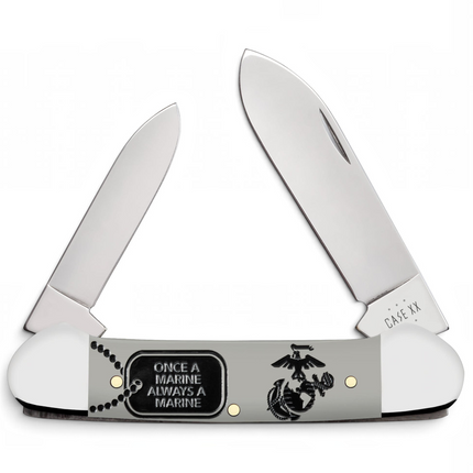 Razor Sharp AZ Case USMC embellished smooth gray synthetic handle folding knife with two mirror-polished steel blades