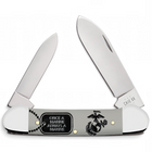 Razor Sharp AZ Case USMC embellished smooth gray synthetic handle folding knife with two mirror-polished steel blades