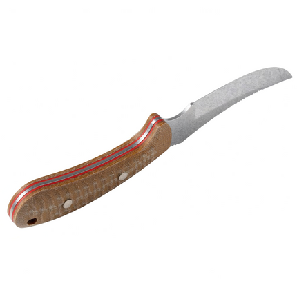 Close-up of the Case Ridgeback Hunter full-tang handle showing natural canvas laminate scales with red G-10 liners