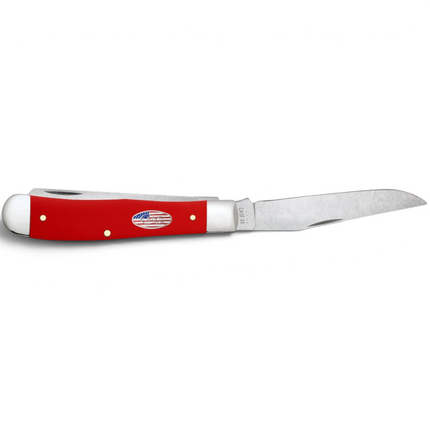Razor Sharp AZ Case American Workman trapper knife with a smooth red synthetic handle and carbon steel clip blade.