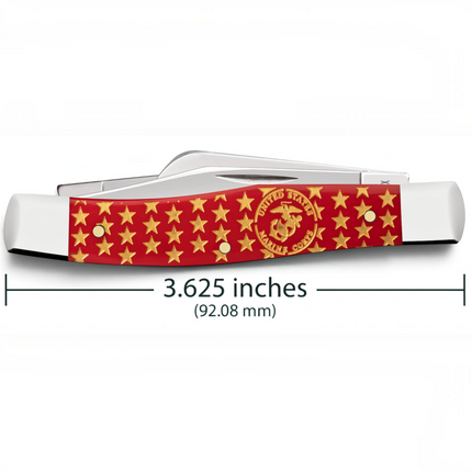 Razor Sharp AZ Case USMC Medium Stockman pocket knife with a red synthetic handle featuring gold stars and emblem.