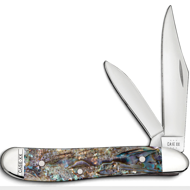 Razor Sharp AZ Case Smooth Abalone Peanut folding knife with iridescent shell handle and two stainless steel blades