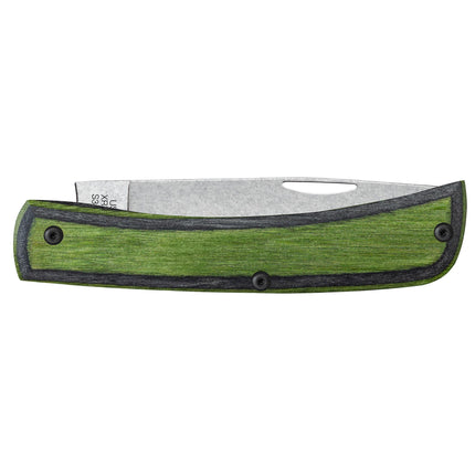 Case Crossroads XR Sod Buster Jr knife with green Dymalux wood scales and stonewashed S35VN blade.